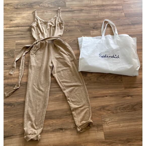 Splendid Kay Jumpsuit Womens S Tan Belted V-Neck Pockets w/ Tote Bag Retro Cozy - Picture 1 of 11